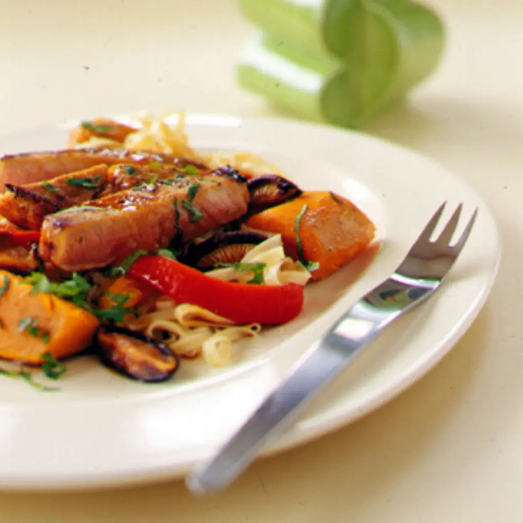 Pork-Steaks-with-Kumara-Shiitakes-Noodles Happy Valley Honey