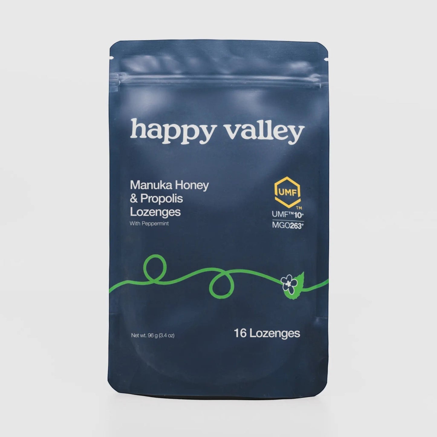 Happy Valley Honey Manuka Honey & Propolis Lozenges with Peppermint, 16 lozenges.