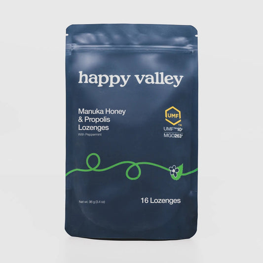 Happy Valley Honey Manuka Honey & Propolis Lozenges with Peppermint, 16 lozenges.