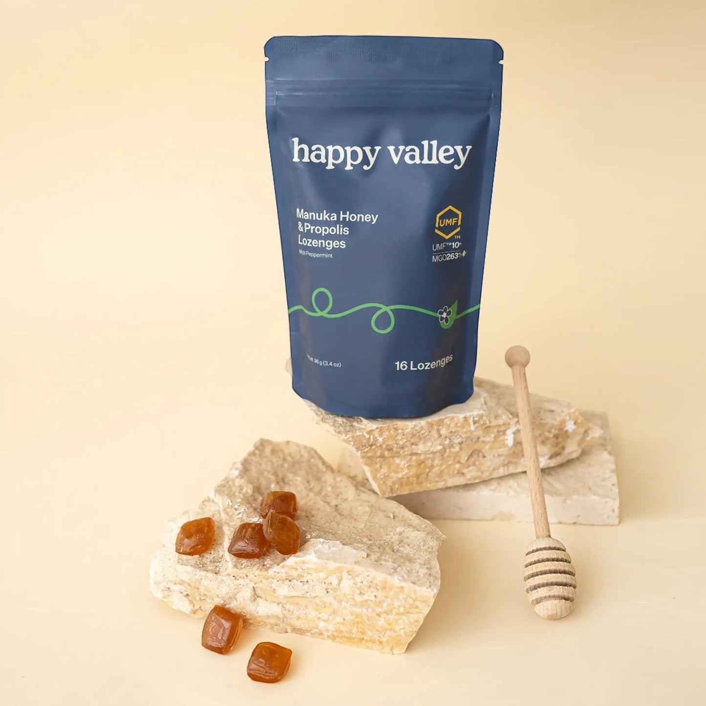 Happy Valley Honey Manuka Honey & Propolis Lozenges with Peppermint, 16 count.