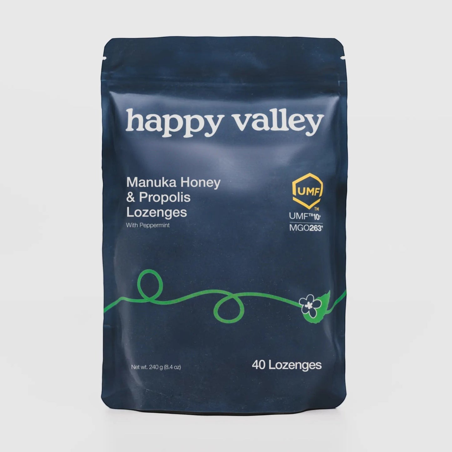 Happy Valley Honey Manuka Honey & Propolis Lozenges with Peppermint, UMF 10+ MGO 263, 40 lozenges.